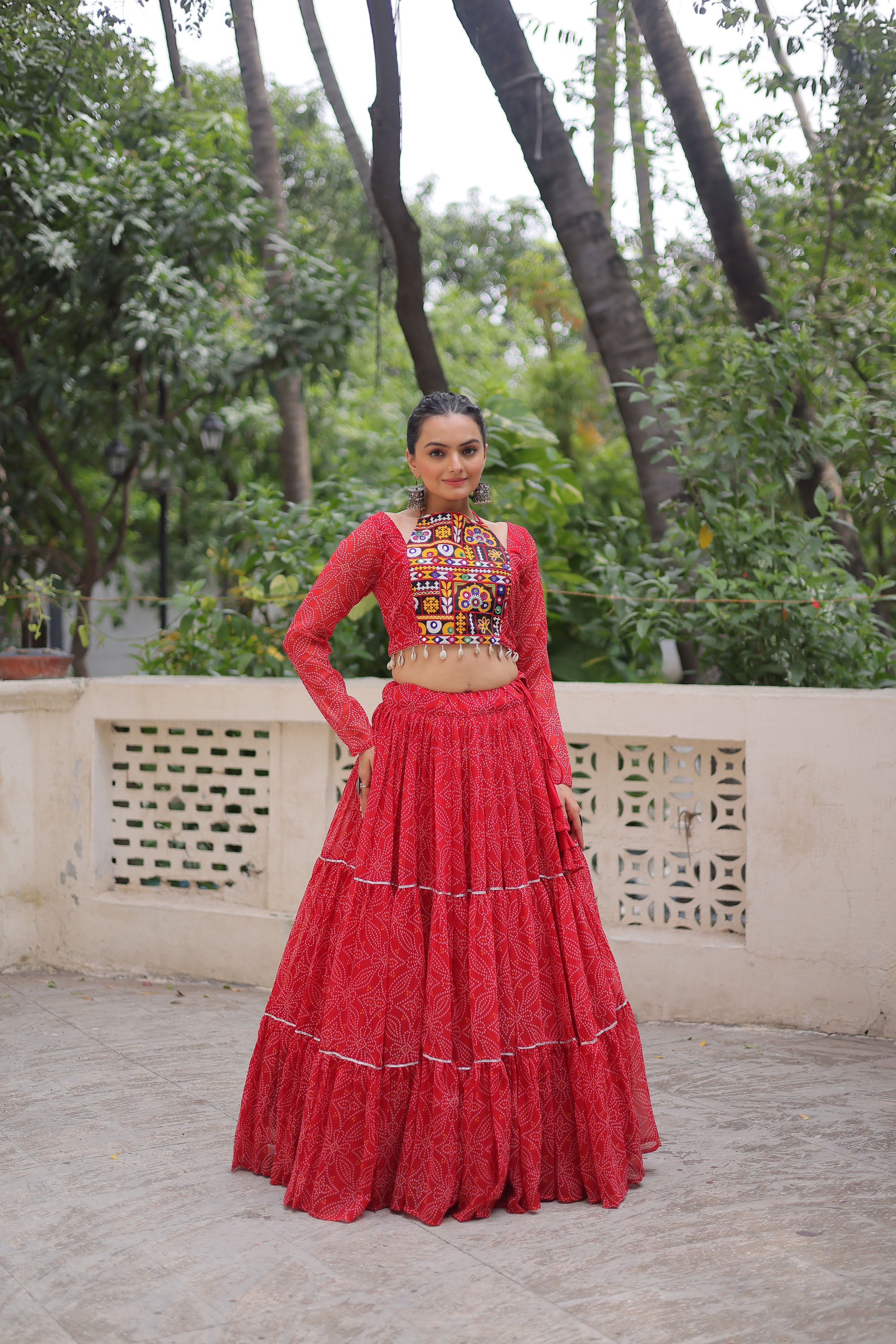 Lorenvalley Fashion Red Faux Georgette Bandhej Print with Gotta Patti Lace Work Lehenga Choli