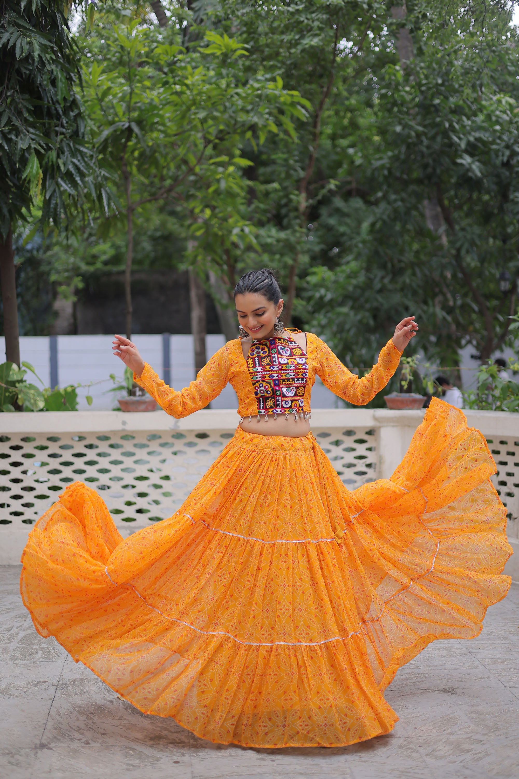 Lorenvalley Fashion Yellow Faux Georgette Bandhej Print with Gotta Patti Lace Work Lehenga Choli