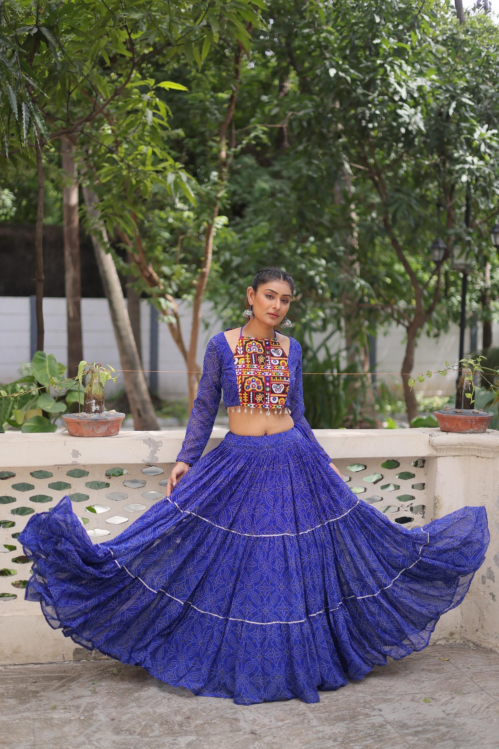 Prazu Fashion Blue Georgette Bandhej Print With Gotta Patti Lehenga For Navratri - Distacart