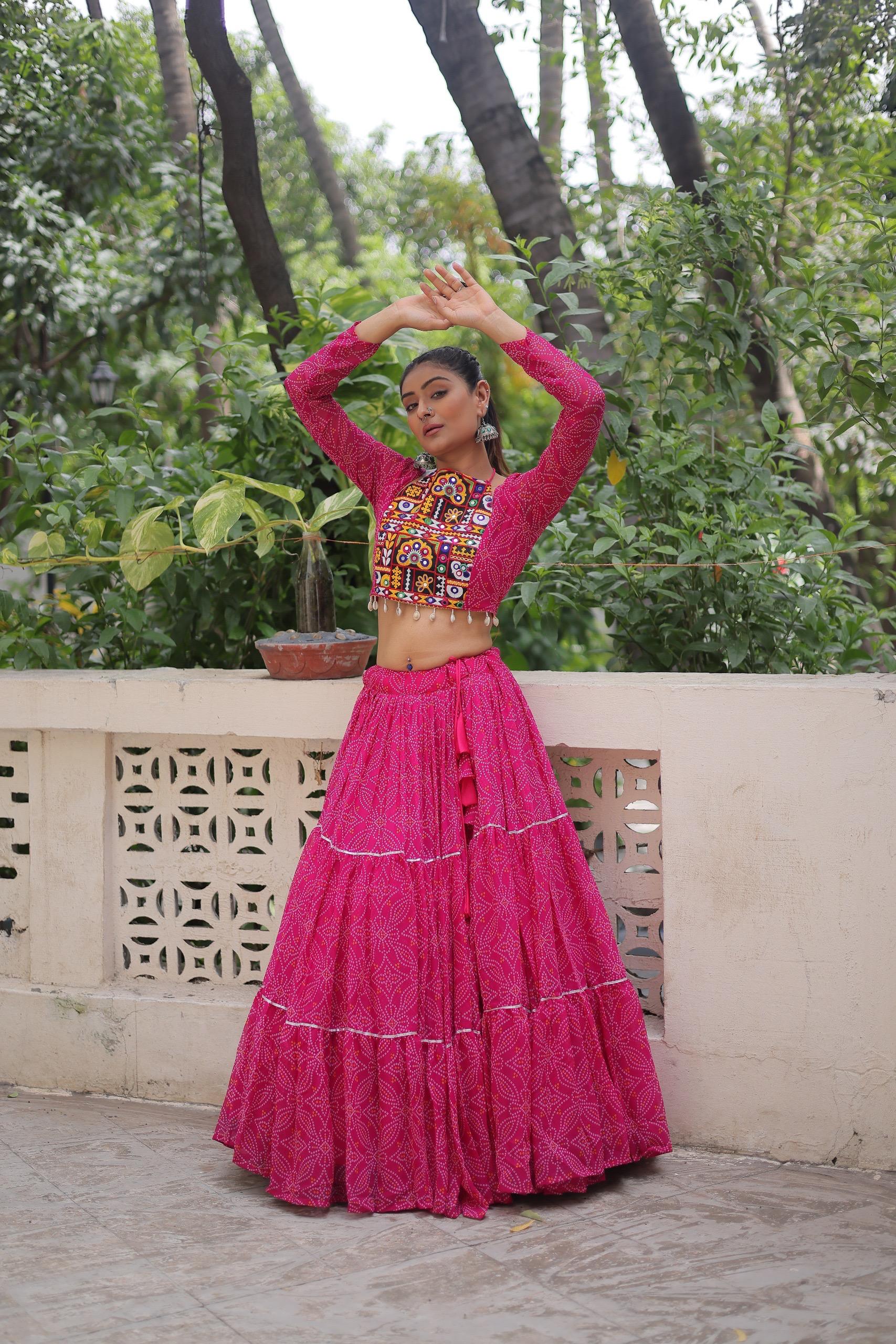 Prazu Fashion Pink Georgette Bandhej Print With Gotta Patti Lehenga For Navratri - Distacart