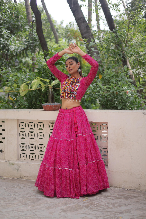 Prazu Fashion Pink Georgette Bandhej Print With Gotta Patti Lehenga For Navratri