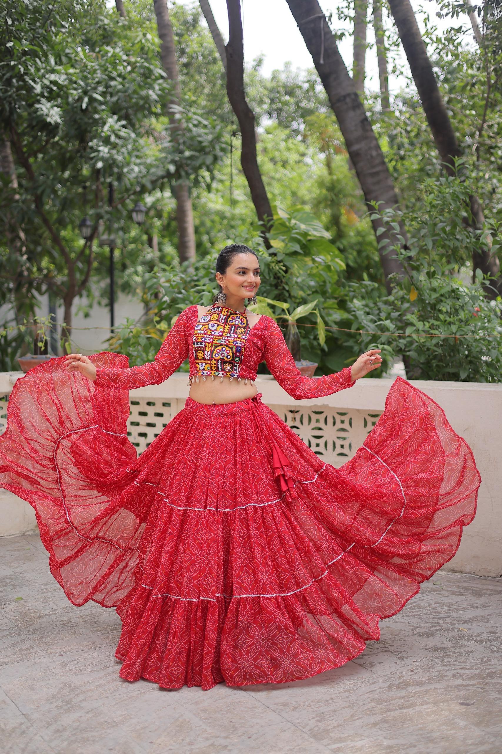 Prazu Fashion Red Georgette Bandhej Print With Gotta Patti Lehenga For Navratri - Distacart