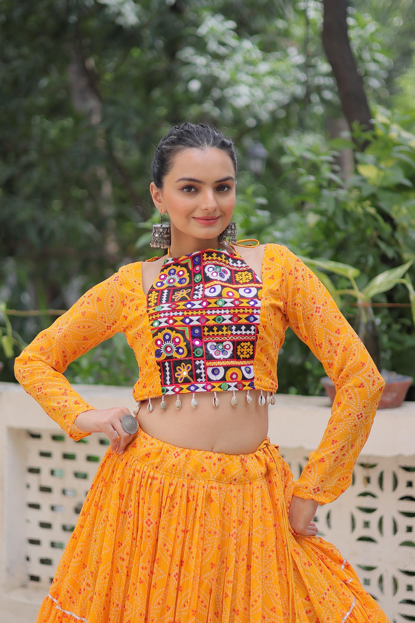 Prazu Fashion Yellow Georgette Bandhej Print With Gotta Patti Lehenga For Navratri