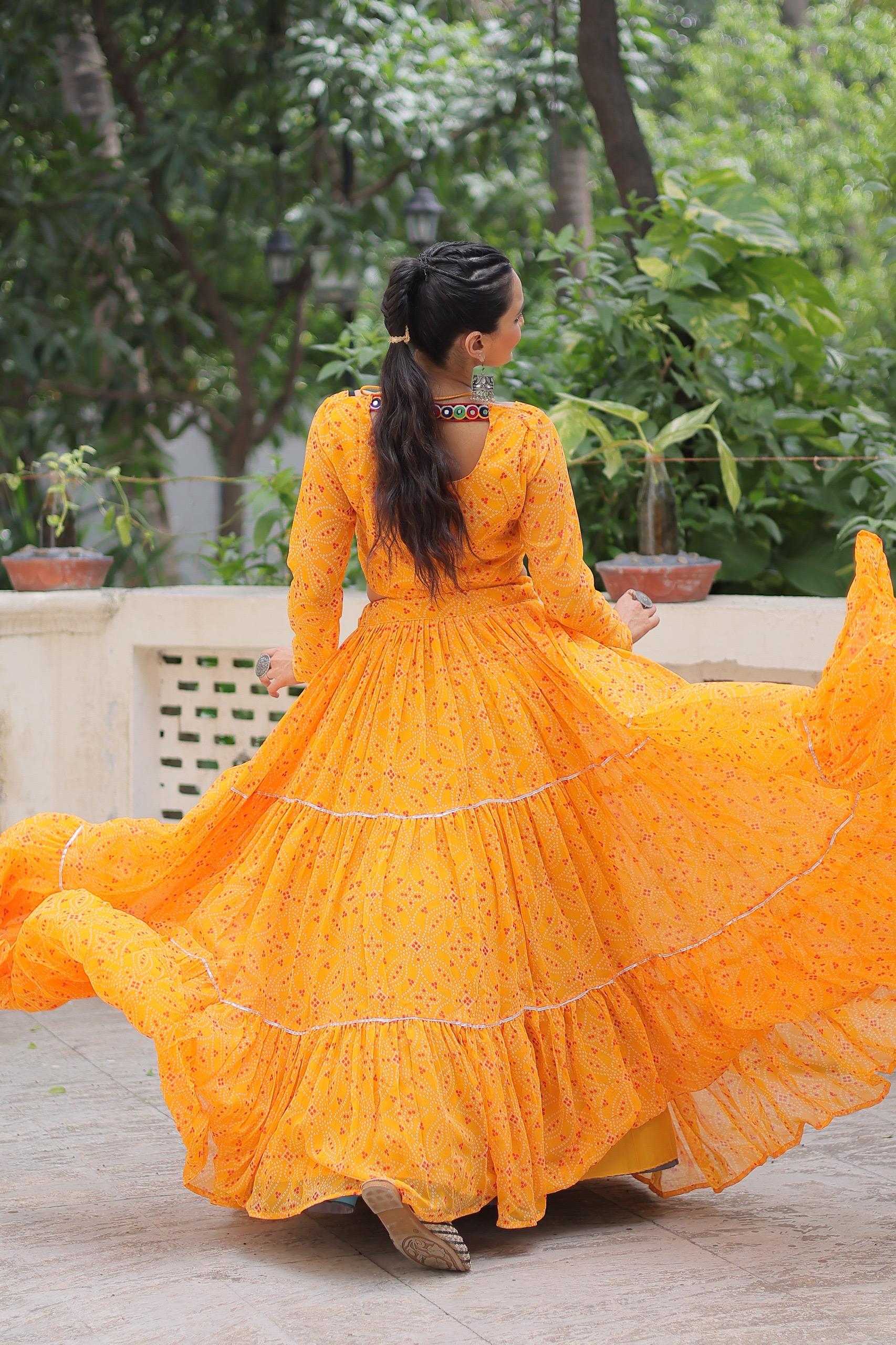 Prazu Fashion Yellow Georgette Bandhej Print With Gotta Patti Lehenga For Navratri