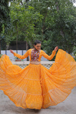 Thumbnail for Prazu Fashion Yellow Georgette Bandhej Print With Gotta Patti Lehenga For Navratri