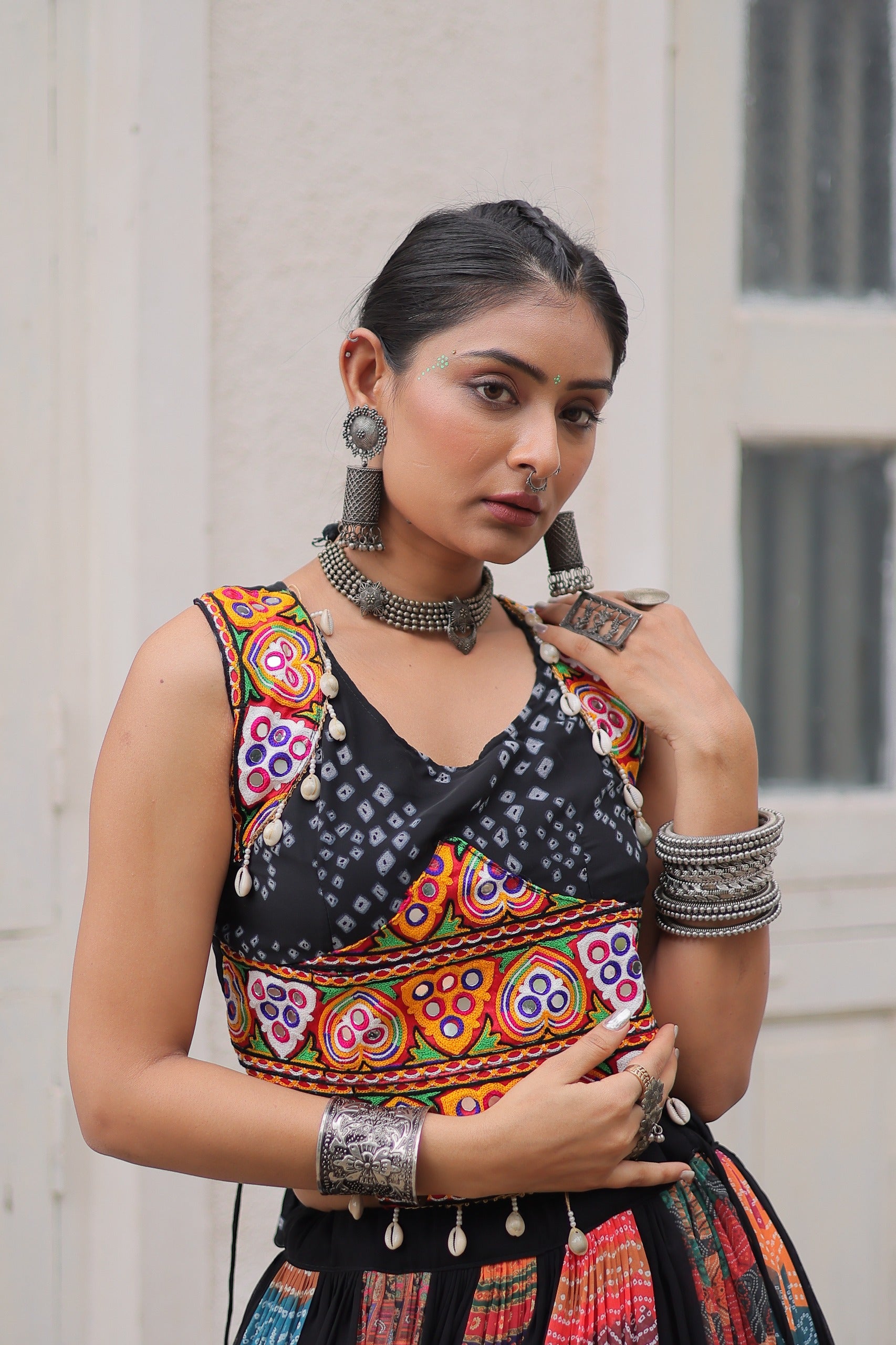 Prazu Fashion Black Georgette Print With Gamthi Work Navratri Lehenga