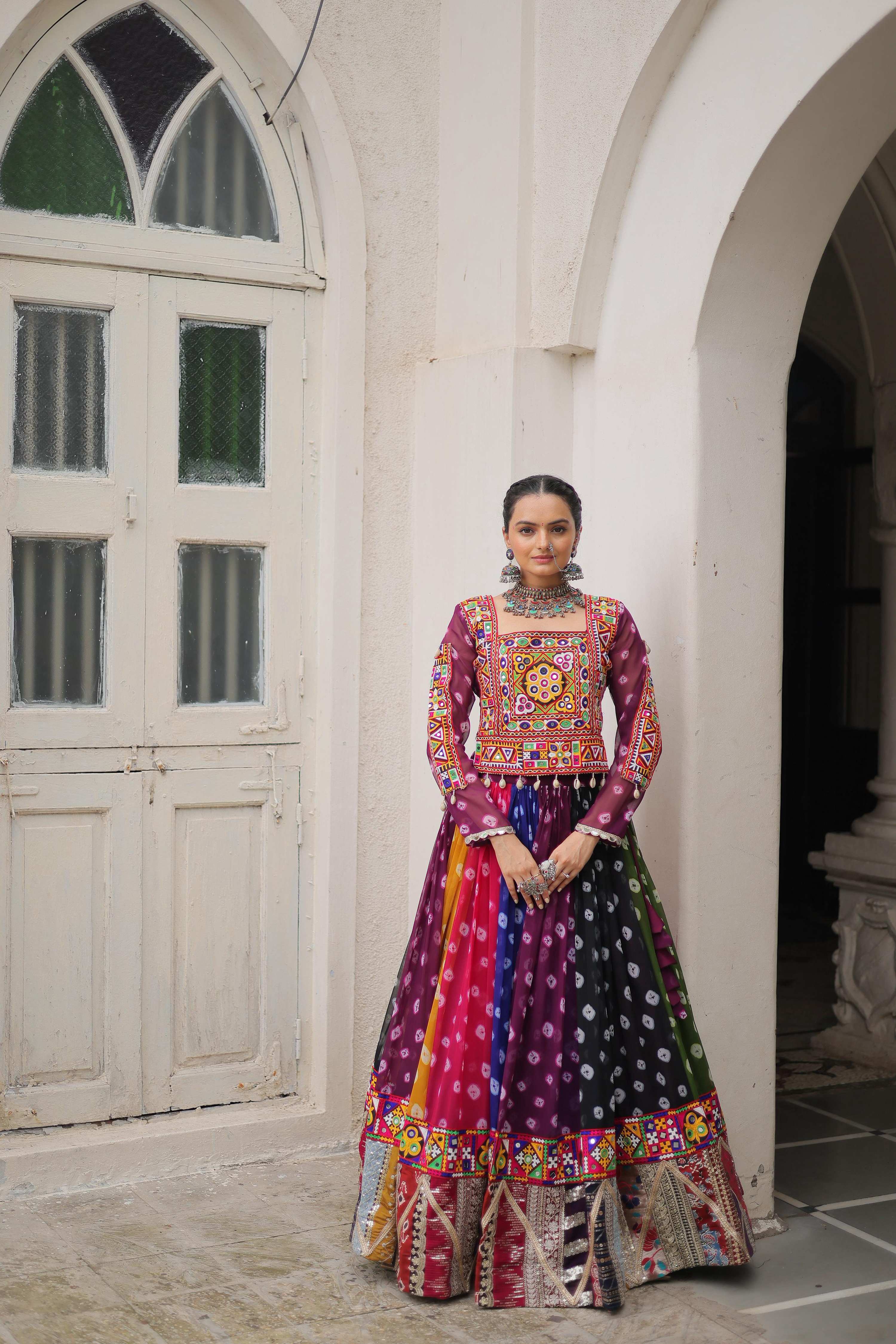 Prazu Fashion Multi Color Georgette With Kutchi Gamthi Work Lehenga For Navratri - Distacart