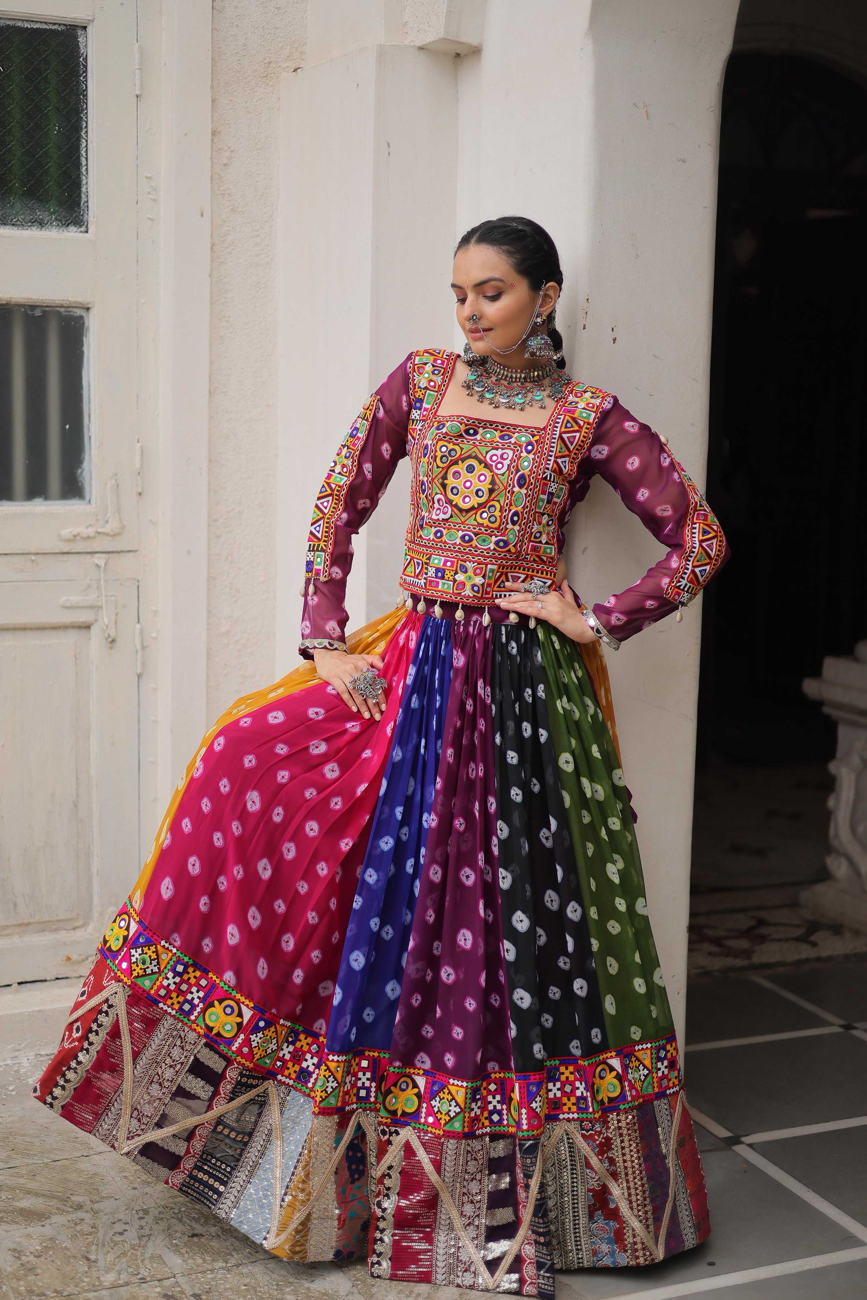 Prazu Fashion Multi Color Georgette With Kutchi Gamthi Work Lehenga For Navratri - Distacart