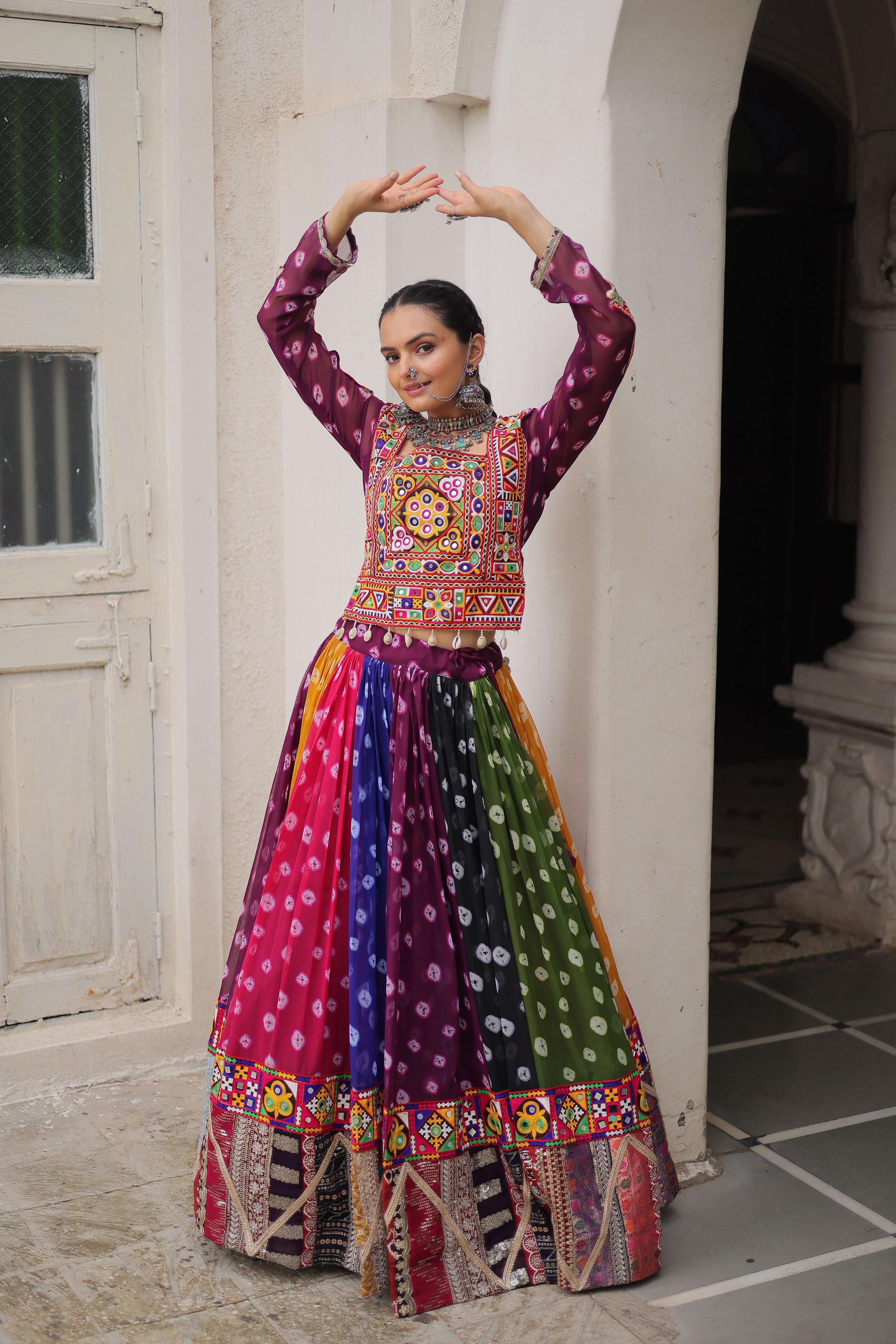 Prazu Fashion Multi Color Georgette With Kutchi Gamthi Work Lehenga For Navratri - Distacart