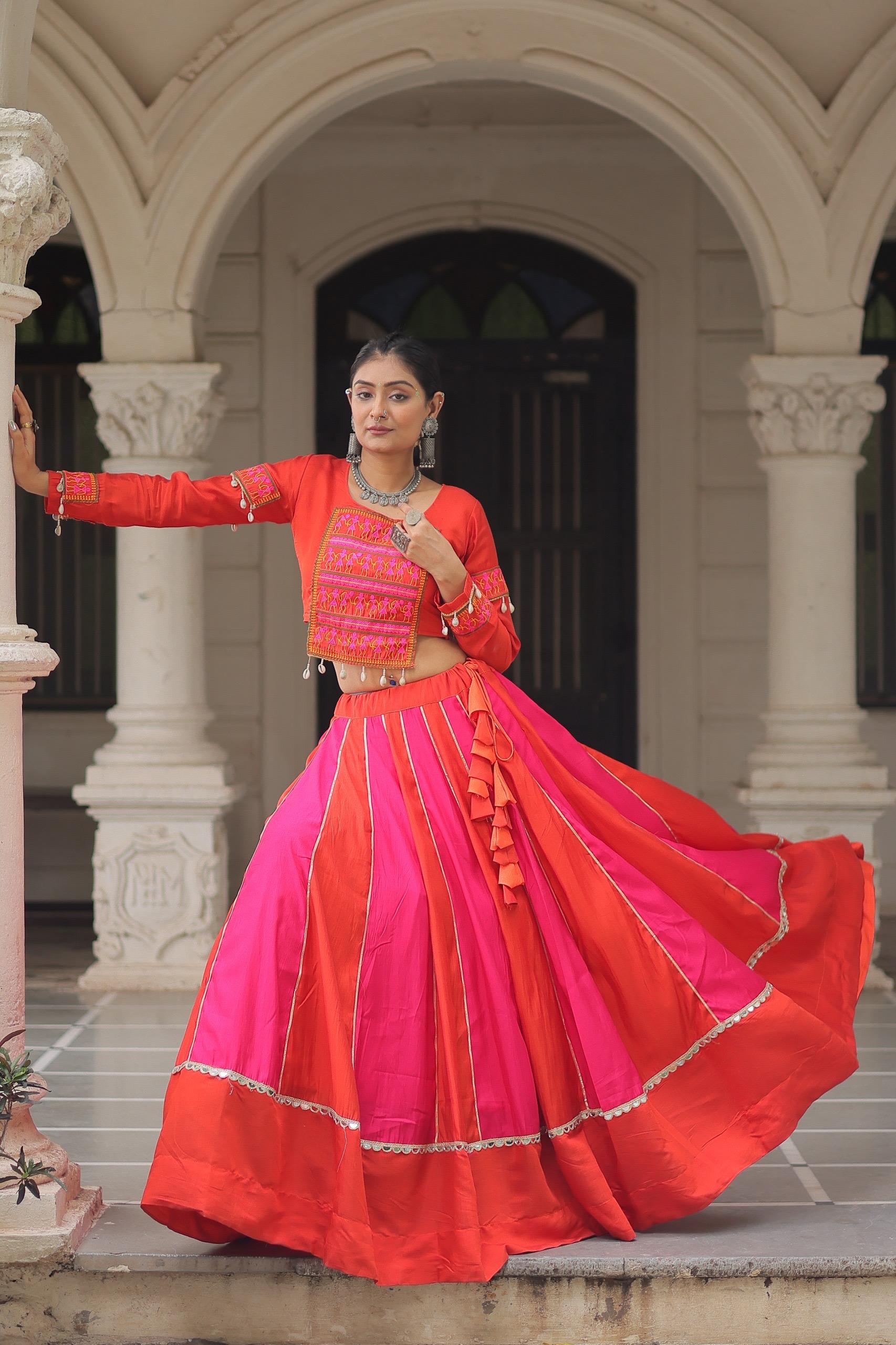 Prazu Fashion Red Roman With Gamthi Thread Embroidered Work Lehenga For Navratri - Distacart