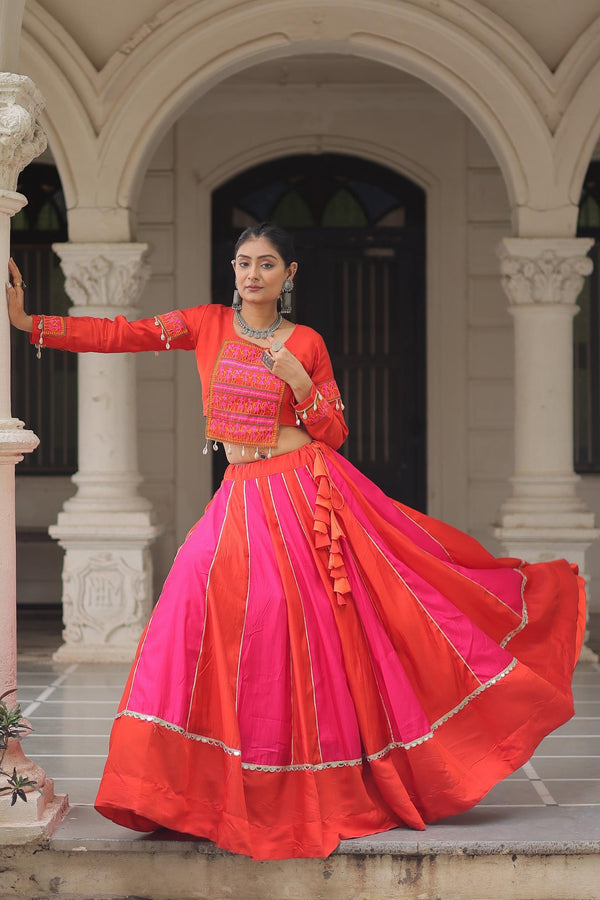 Prazu Fashion Red Roman With Gamthi Thread Embroidered Work Lehenga For Navratri