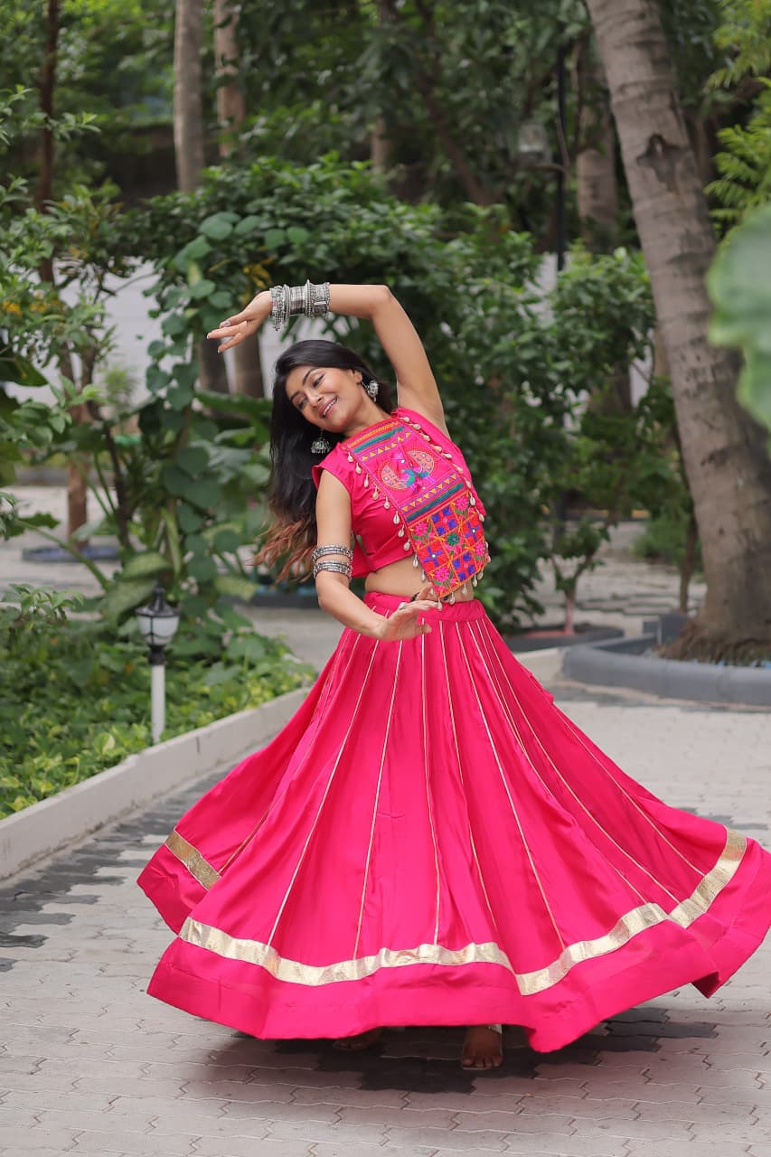 Prazu Fashion Pink Roman Silk Kutchi Gamthi Embroidered & Mirror Work Navaratri Lehenga - Distacart