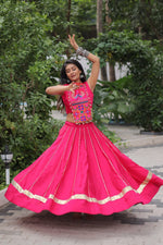 Thumbnail for Prazu Fashion Pink Roman Silk Kutchi Gamthi Embroidered & Mirror Work Navaratri Lehenga