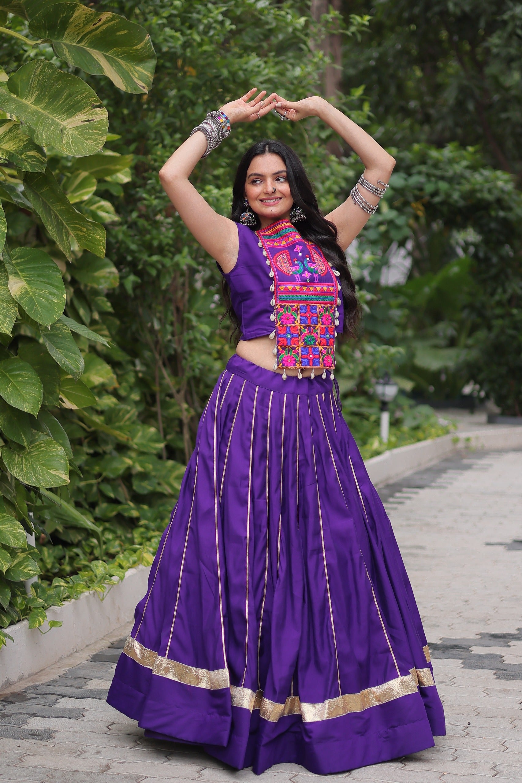 Prazu Fashion Purple Roman Silk Kutchi Gamthi Embroidered & Mirror Work Navaratri Lehenga