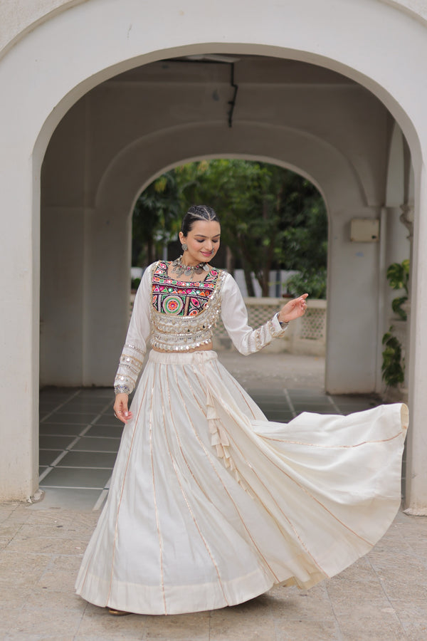 Prazu Fashion Off White Roman Kutchi Gamthi Embroidered Work Lehenga For Navratri