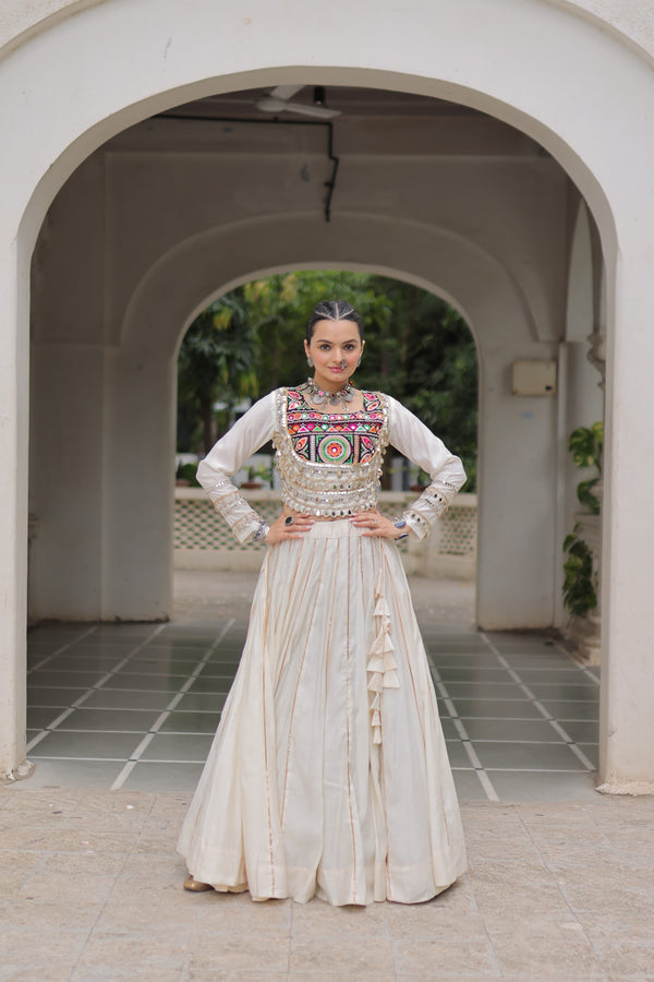 Prazu Fashion Off White Roman Kutchi Gamthi Embroidered Work Lehenga For Navratri