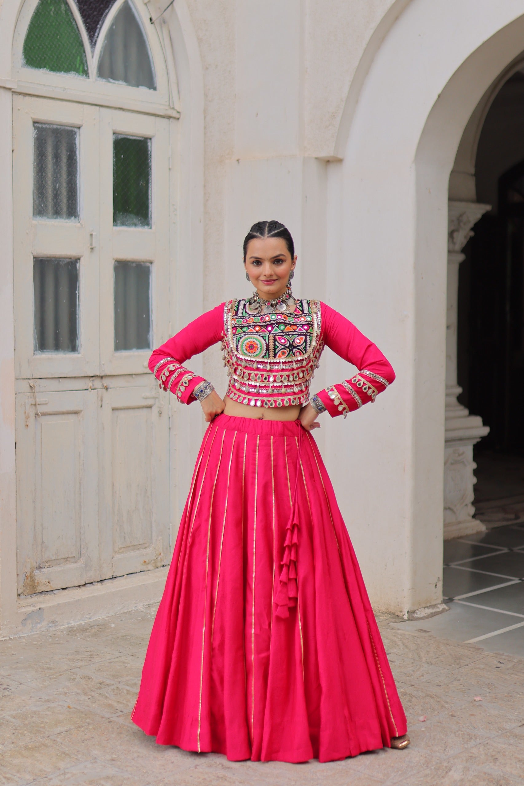 Prazu Fashion Pink Roman Kutchi Gamthi Embroidered Work Lehenga For Navratri - Distacart