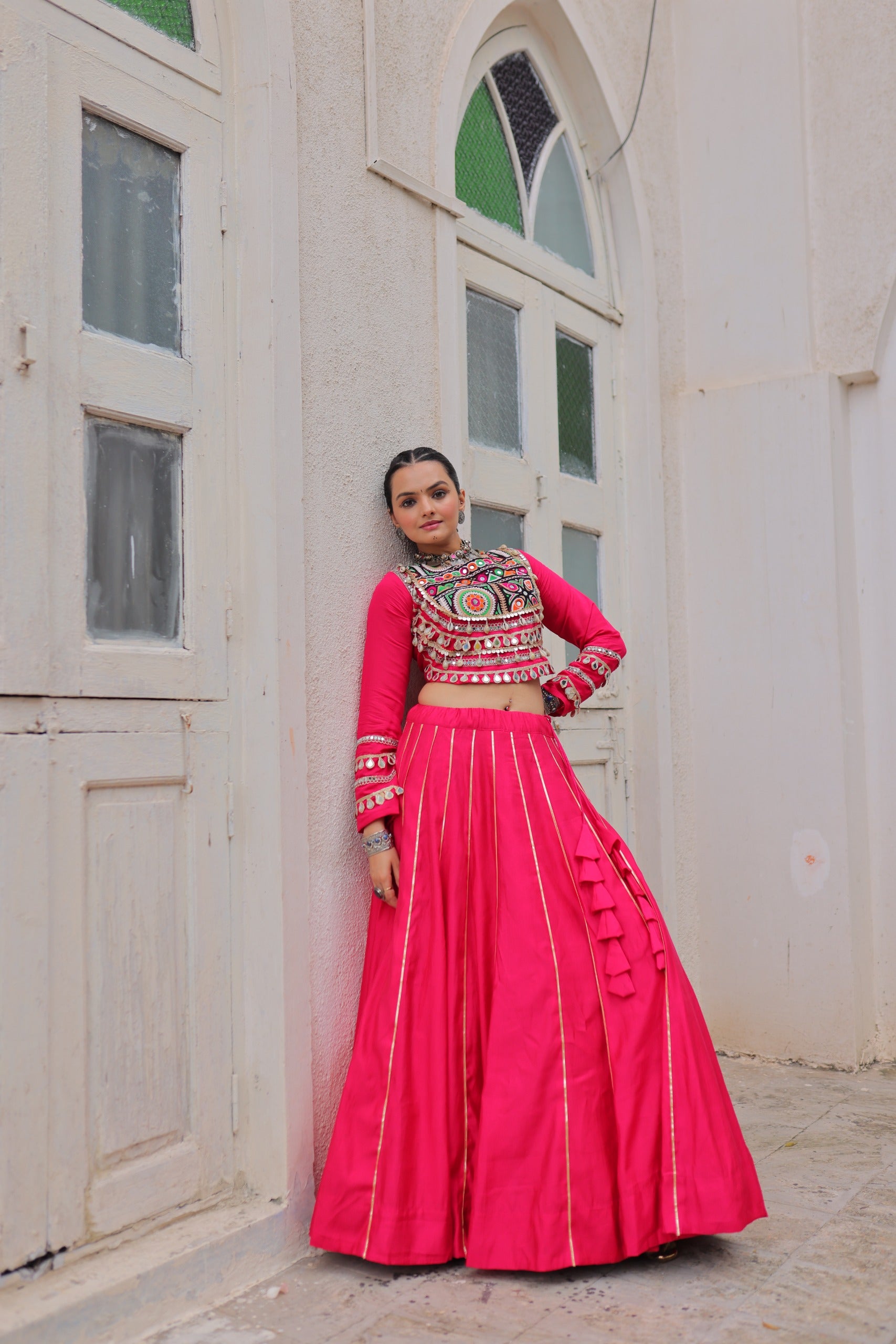 Prazu Fashion Pink Roman Kutchi Gamthi Embroidered Work Lehenga For Navratri