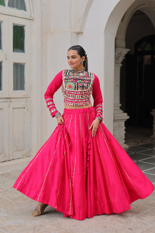 Prazu Fashion Pink Roman Kutchi Gamthi Embroidered Work Lehenga For Navratri