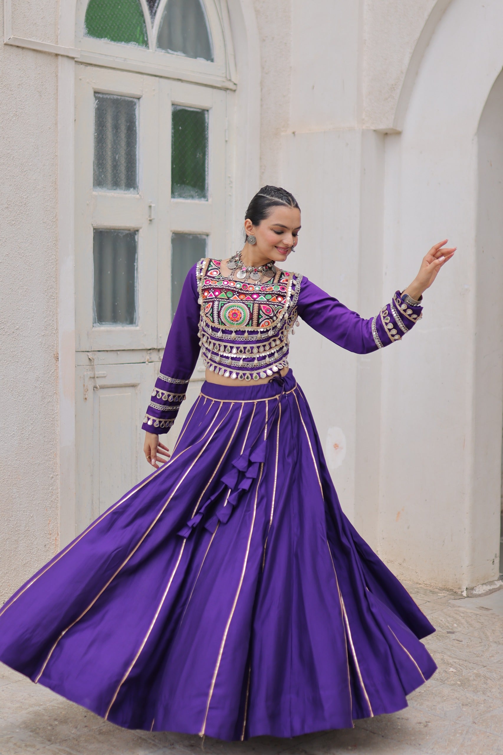 Prazu Fashion Purple Roman Kutchi Gamthi Embroidered Work Lehenga For Navratri - Distacart