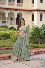 Thumbnail for Prazu Fashion Olive Green Georgette With Sequins & Zari Multi Embroidered Lehenga - Distacart