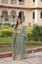 Thumbnail for Prazu Fashion Olive Green Georgette With Sequins & Zari Multi Embroidered Lehenga - Distacart