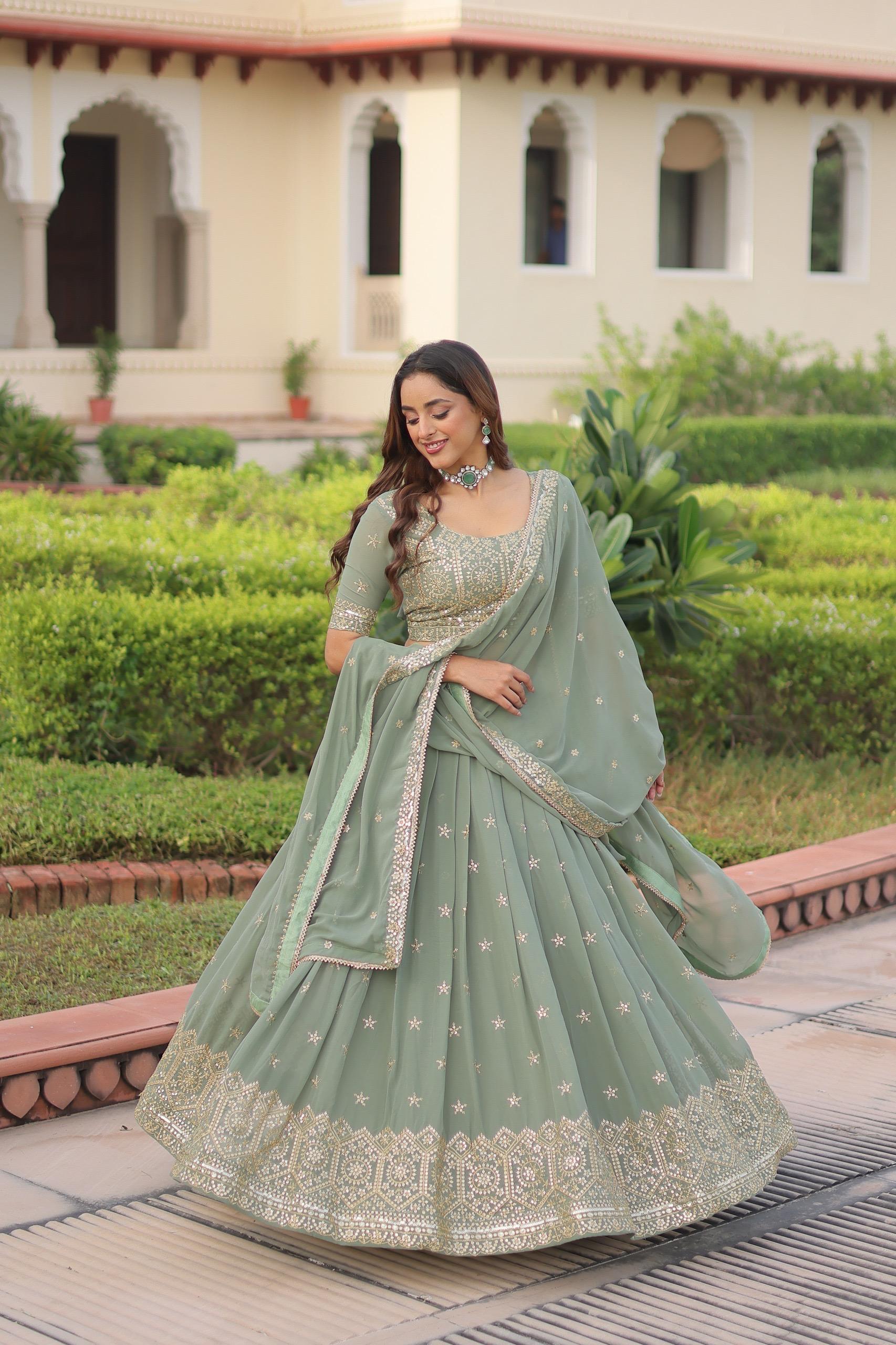 Prazu Fashion Olive Green Georgette With Sequins & Zari Multi Embroidered Lehenga - Distacart