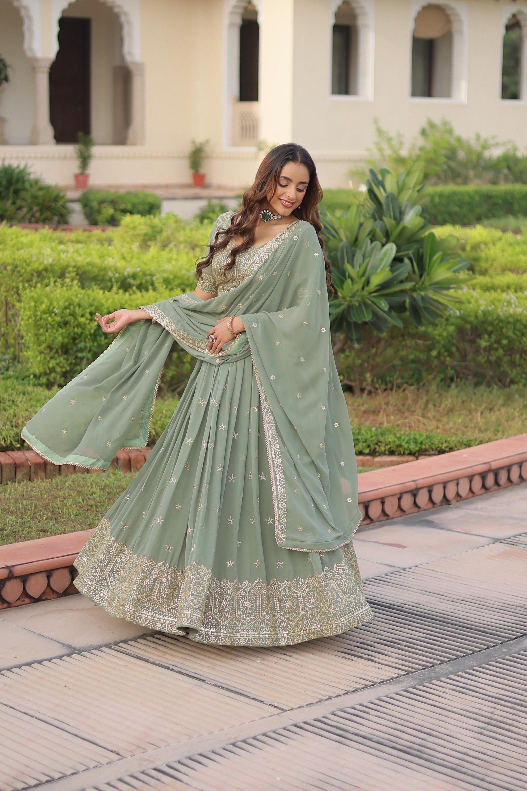 Prazu Fashion Olive Green Georgette With Sequins & Zari Multi Embroidered Lehenga - Distacart