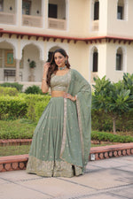 Thumbnail for Prazu Fashion Olive Green Georgette With Sequins & Zari Multi Embroidered Lehenga - Distacart