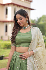 Thumbnail for Prazu Fashion Mahendi Gold Crush With Sequins & Zari Embroidered Work Lehenga - Distacart