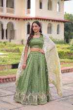 Thumbnail for Prazu Fashion Mahendi Gold Crush With Sequins & Zari Embroidered Work Lehenga - Distacart