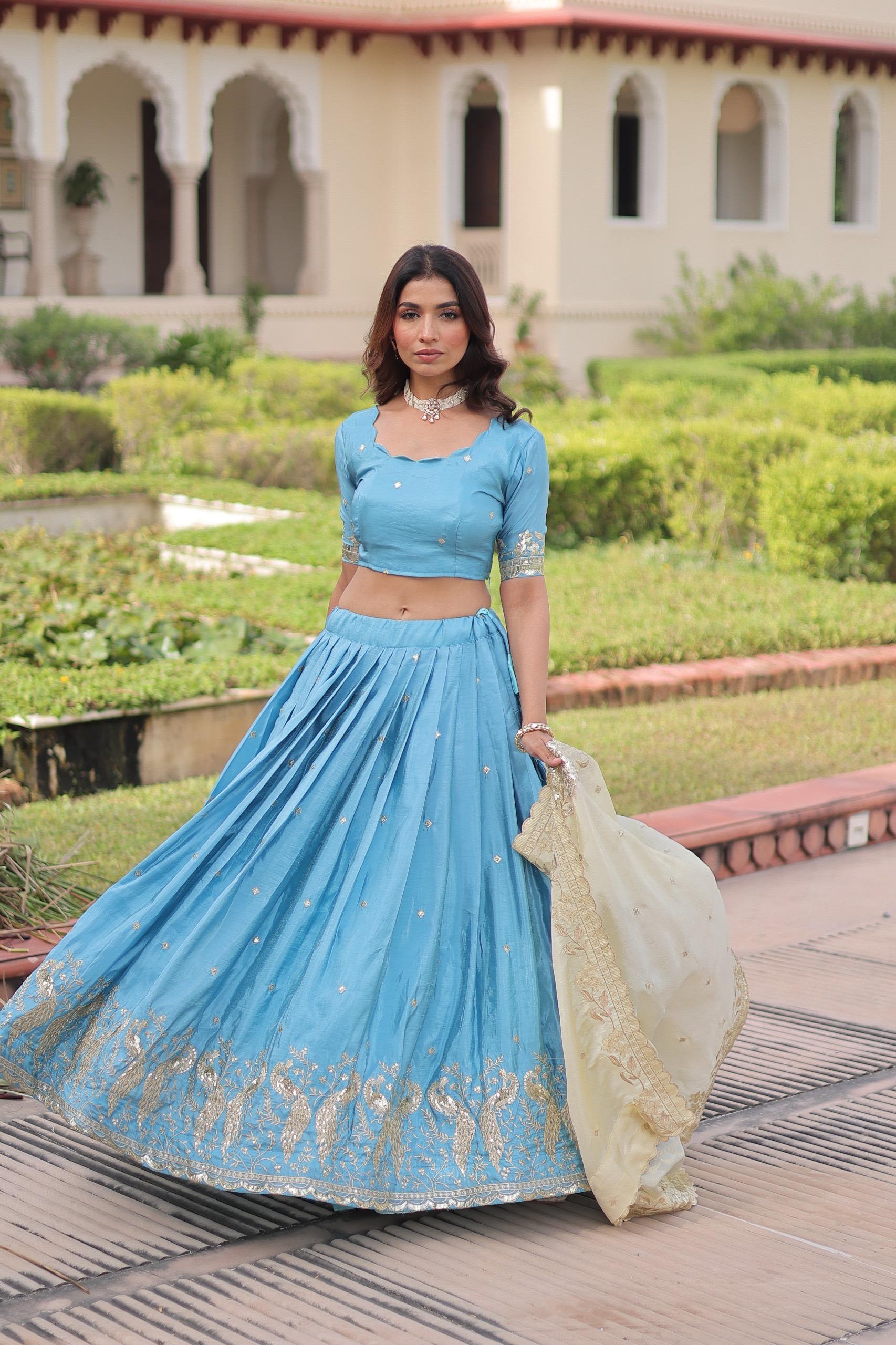 Prazu Fashion Sky Blue Gold Crush With Sequins & Zari Embroidered Work Lehenga - Distacart