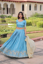 Thumbnail for Prazu Fashion Sky Blue Gold Crush With Sequins & Zari Embroidered Work Lehenga - Distacart