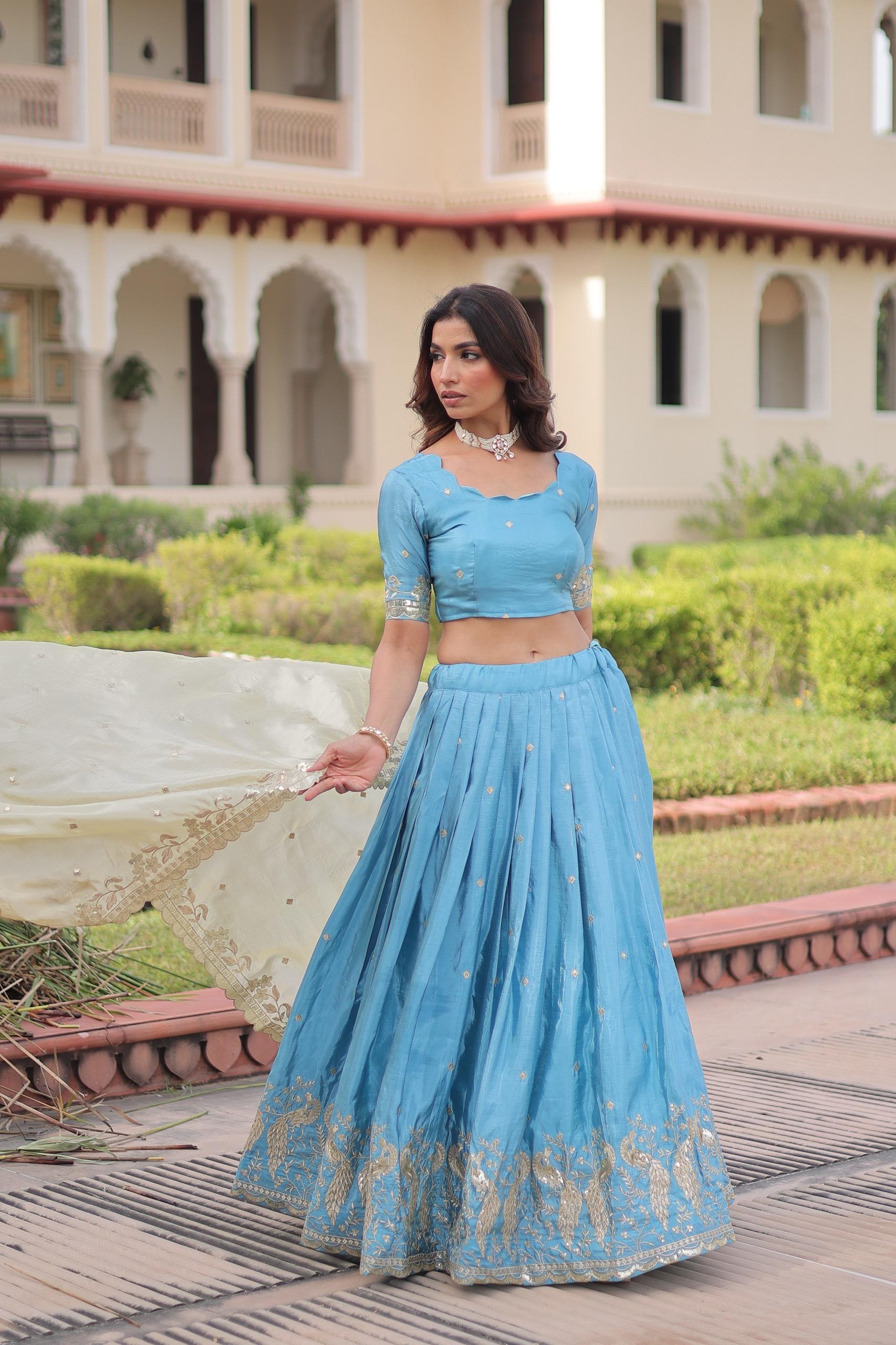 Prazu Fashion Sky Blue Gold Crush With Sequins & Zari Embroidered Work Lehenga - Distacart