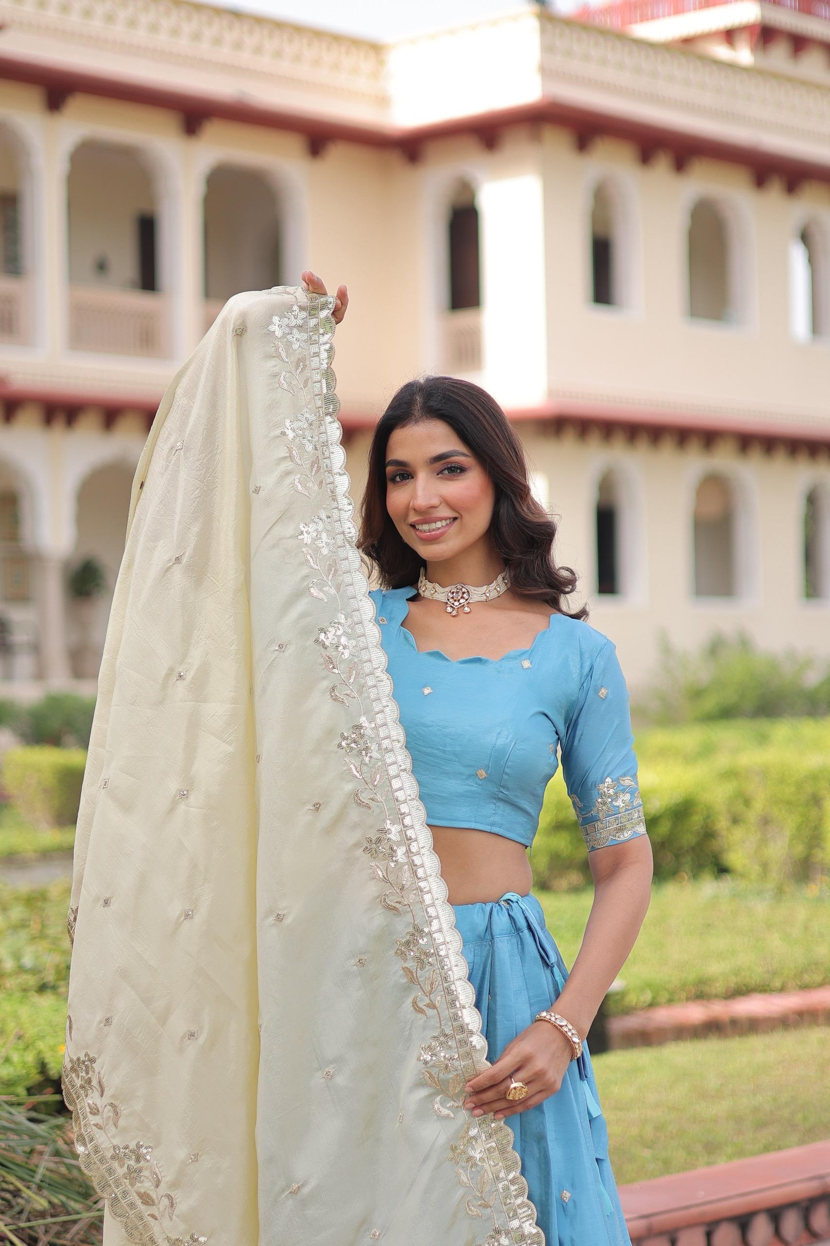 Prazu Fashion Sky Blue Gold Crush With Sequins & Zari Embroidered Work Lehenga - Distacart
