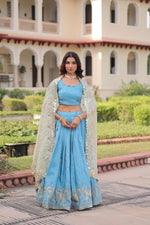Thumbnail for Prazu Fashion Sky Blue Gold Crush With Sequins & Zari Embroidered Work Lehenga - Distacart