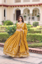 Thumbnail for Prazu Fashion Mustard Vichitra Silk With Heavy Sequins & Zari Embroidered Lehenga - Distacart