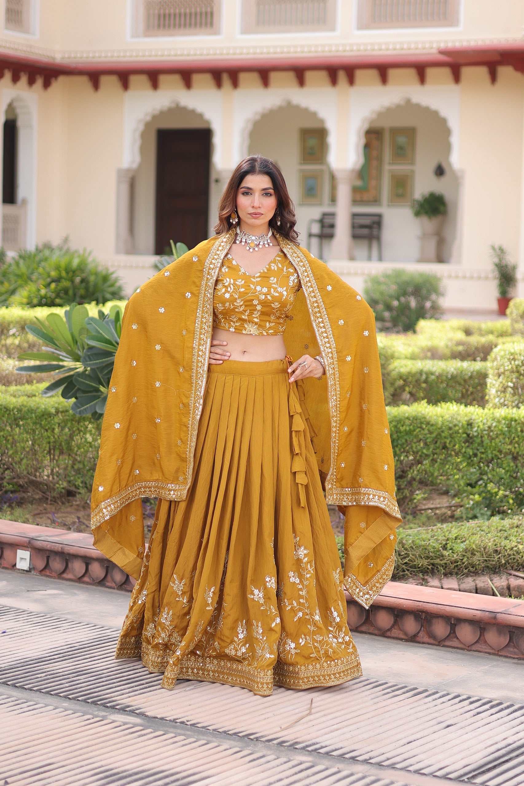 Prazu Fashion Mustard Vichitra Silk With Heavy Sequins & Zari Embroidered Lehenga