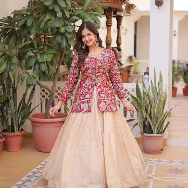 Prazu Fashion Maroon Cosmos Weaving Jacquard Designer Lehenga - Distacart