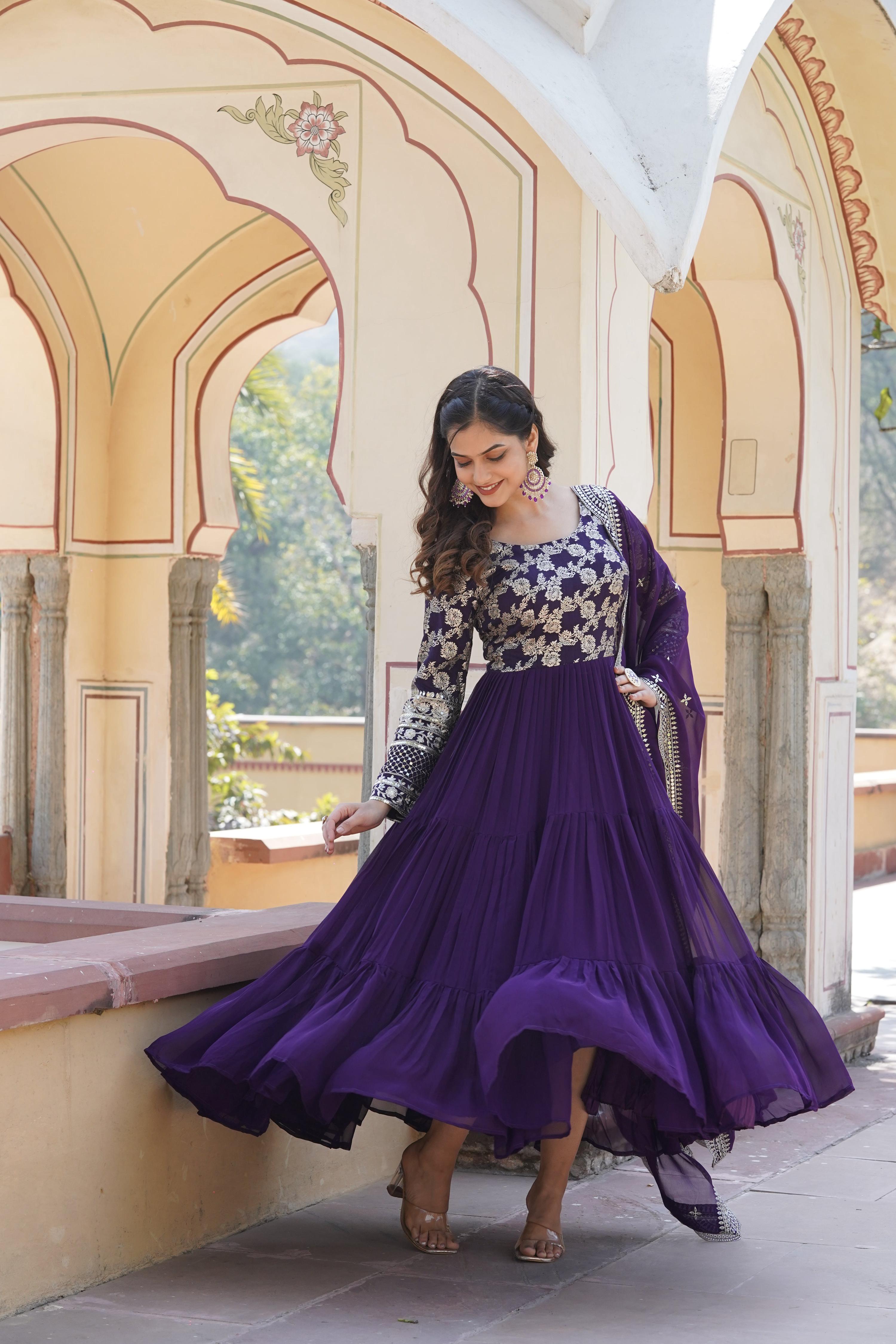 Pramukh Fab Purple Sequins Embroidered Work Gown