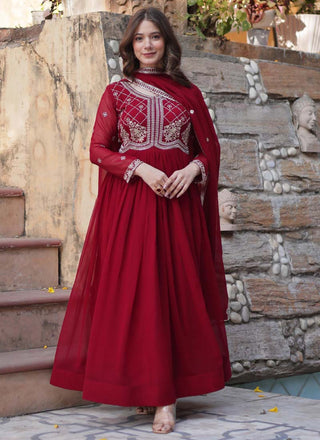 Prazu Fashion Maroon Georgette Embroidered Sequence Gown With Dupatta