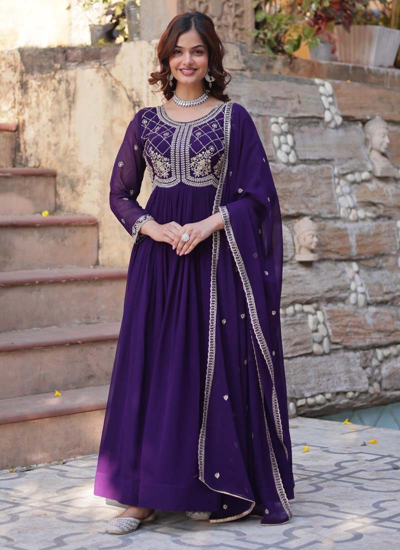 Prazu Fashion Purple Georgette Embroidered Sequence Gown With Dupatta