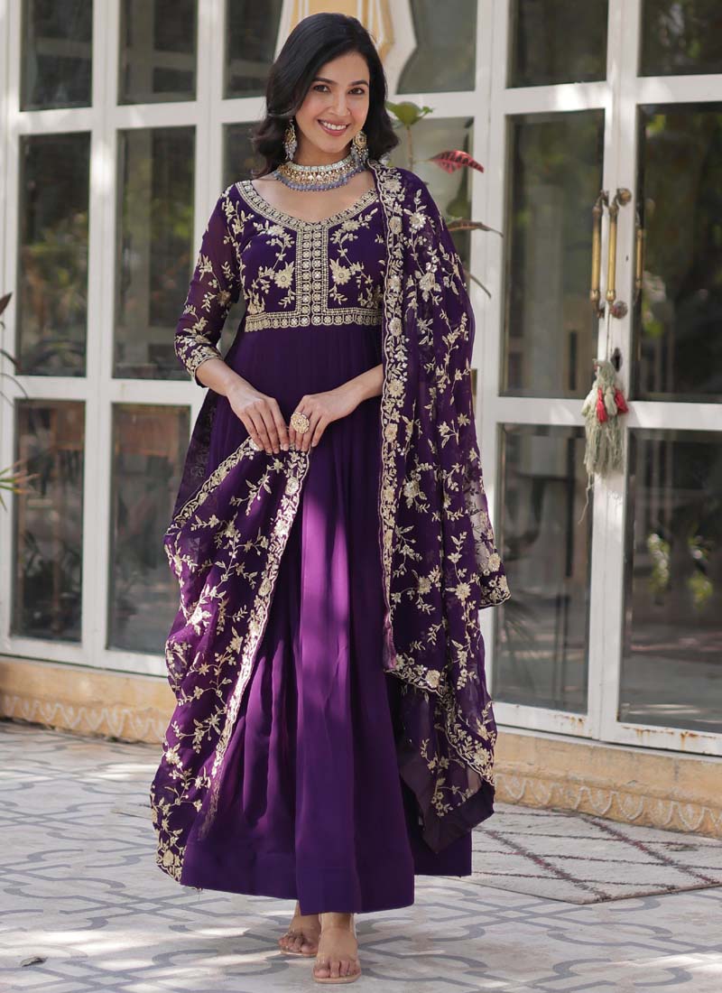 Prazu Fashion Purple Georgette Embroidered Sequence Gown With Dupatta - Distacart