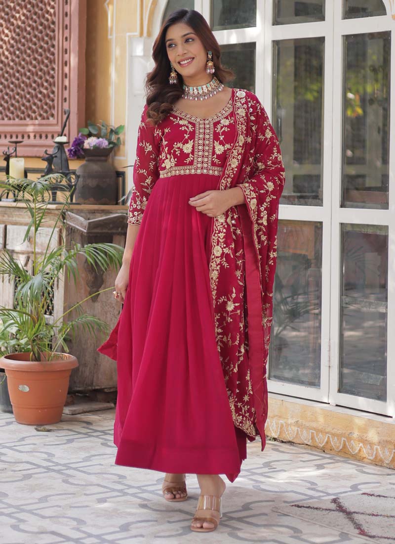 Prazu Fashion Red Georgette Embroidered Sequence Gown With Dupatta - Distacart