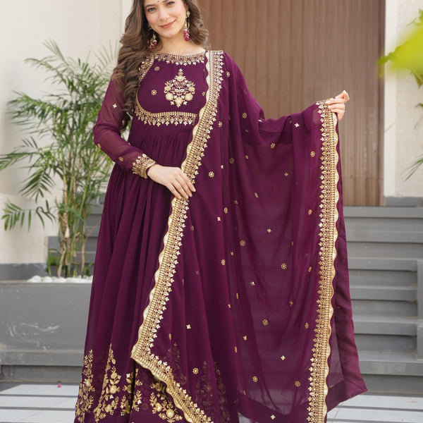 Vedant Vastram Georgette Embroidery & Sequence Work Stitched Ethnic Gown-Wine