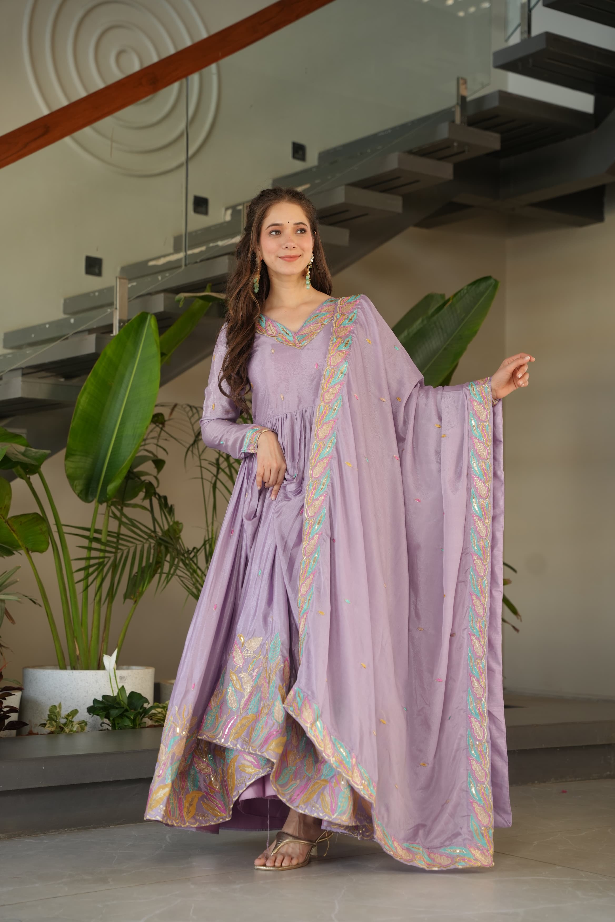 Prazu Fashion Lavender Chinon Silk Sequence Gown With Dupatta - Distacart