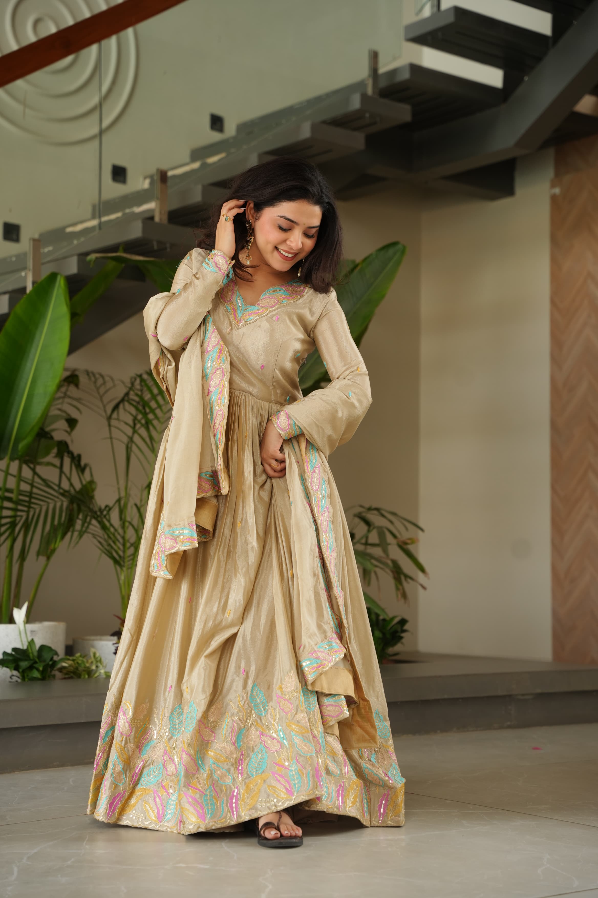 Prazu Fashion Off White Chinon Silk Sequence Gown With Dupatta - Distacart