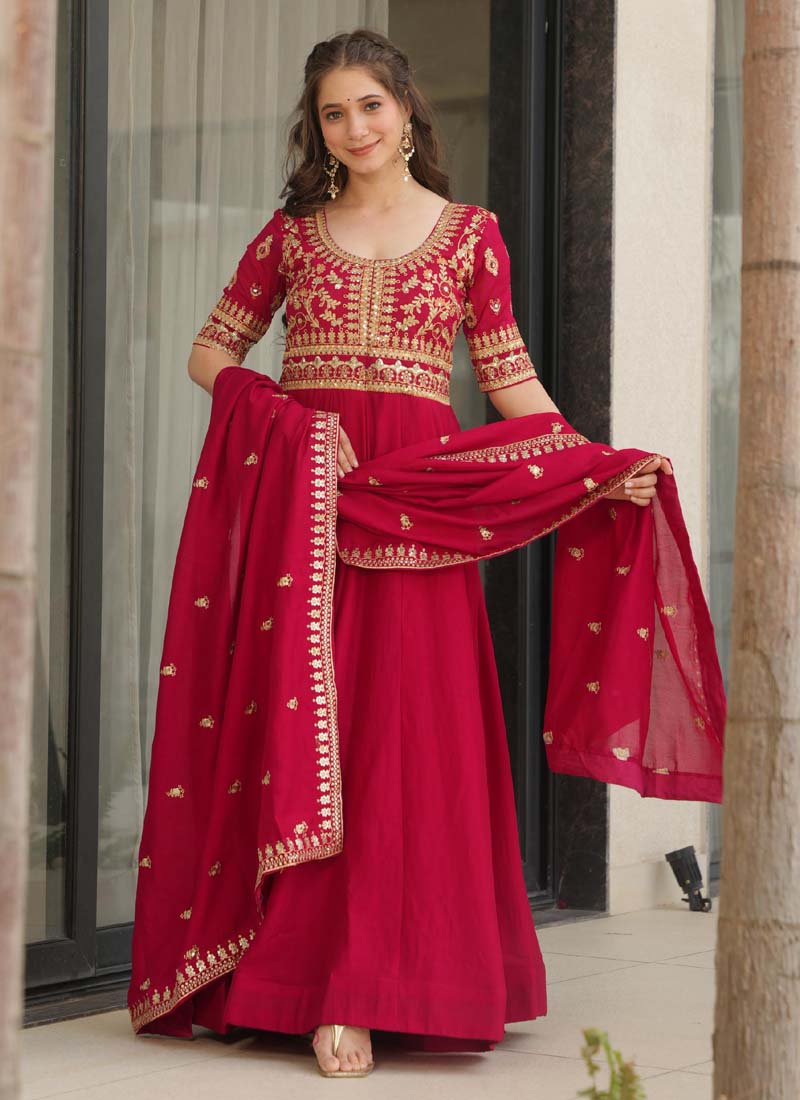 Prazu Fashion Red Vichitra Silk Embroidered Sequence Gown With Dupatta - Distacart