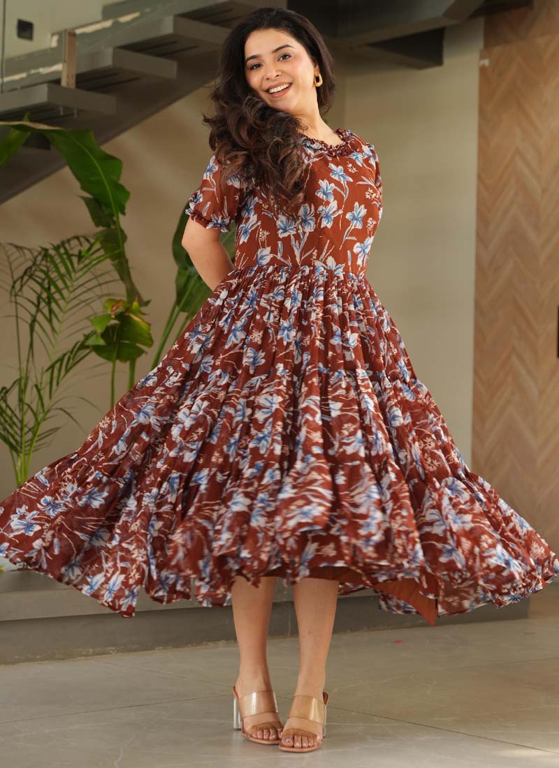 Prazu Fashion Brown Georgette Printed Designer Gown