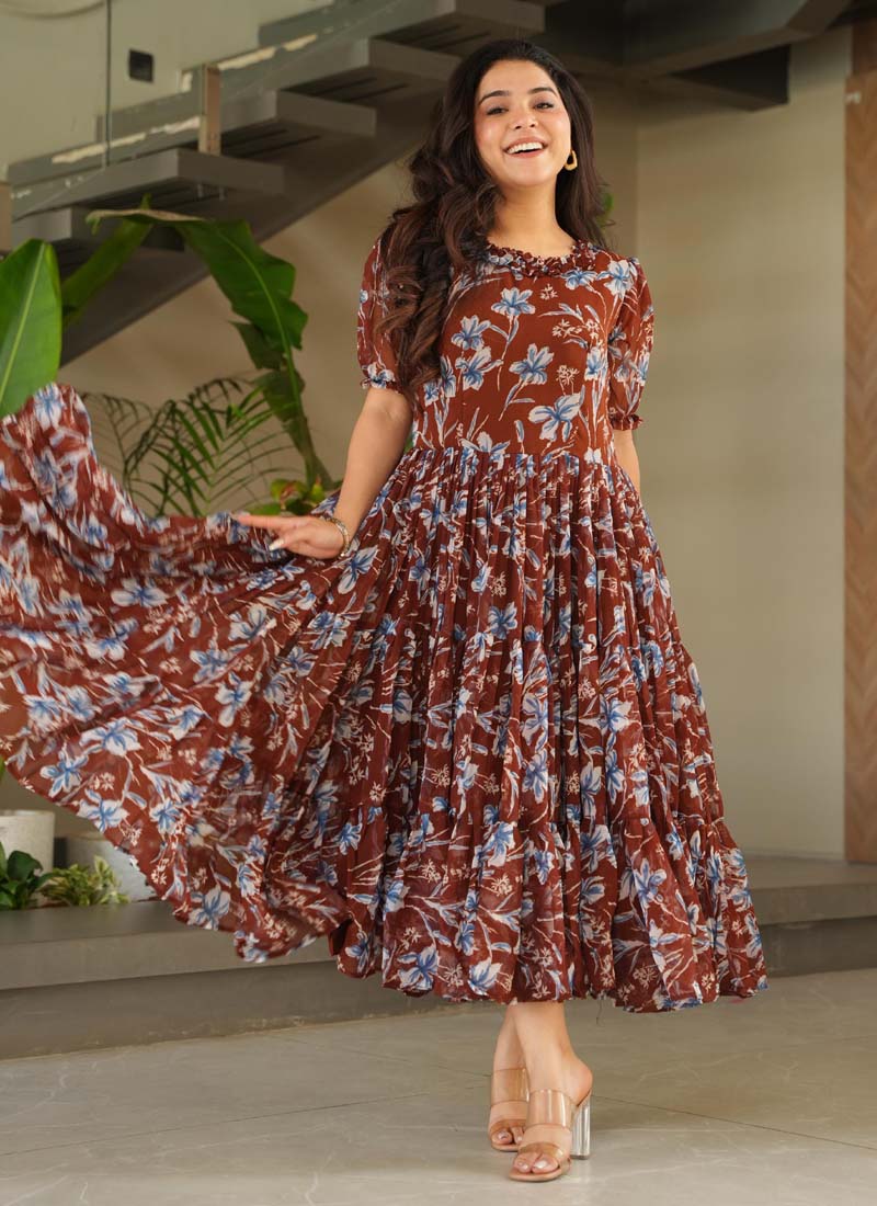 Prazu Fashion Brown Georgette Printed Designer Gown